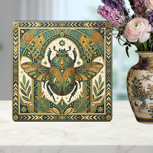 Ornate Scarab Beetle Emerald Teal Gold Art Nouveau Tile