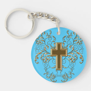 Ornate Scrolls & Cross Keychain, Light Blue & Gold Key Ring