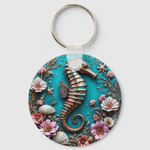 Ornate Seahorse Sculpture Surrounded by Flowers Key Ring