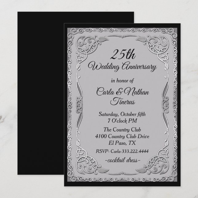 Ornate Silver and Grey Wedding Anniversary Invitation (Front/Back)