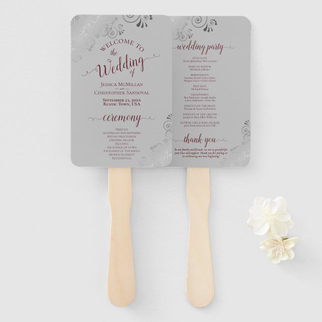 Ornate Silver & Burgundy on Grey Wedding Program Hand Fan (Front and Back)