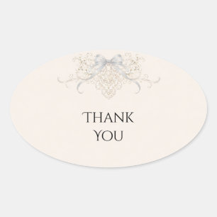 Ornate Silver Damask Bow Thank You Sticker