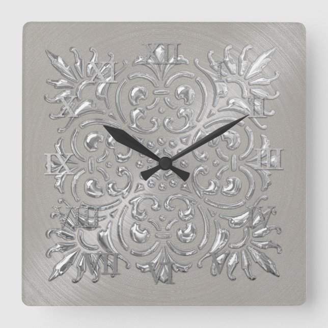 Ornate Silver Embossed Look Roman Numerals Square Wall Clock (Front)
