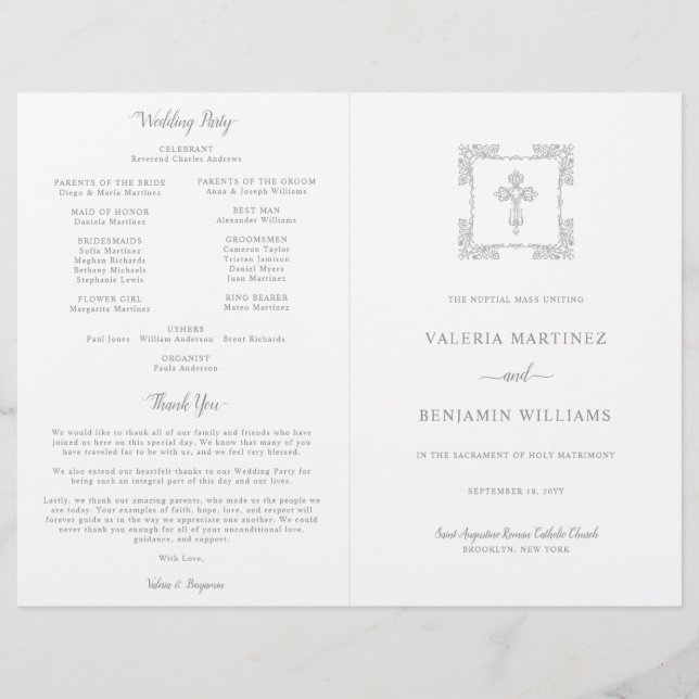 Ornate Silver Grey Catholic Wedding Mass Program (Front)