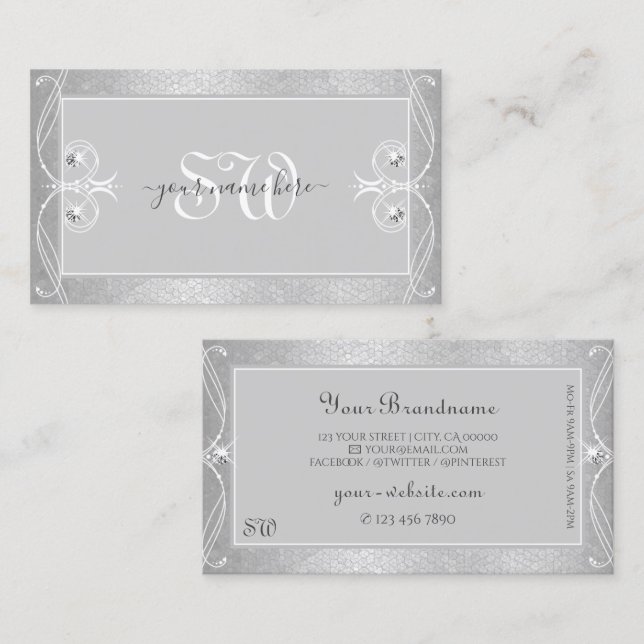 Ornate Silver Grey Mosaic Sparkle Jewels Monogram Business Card (Front/Back)