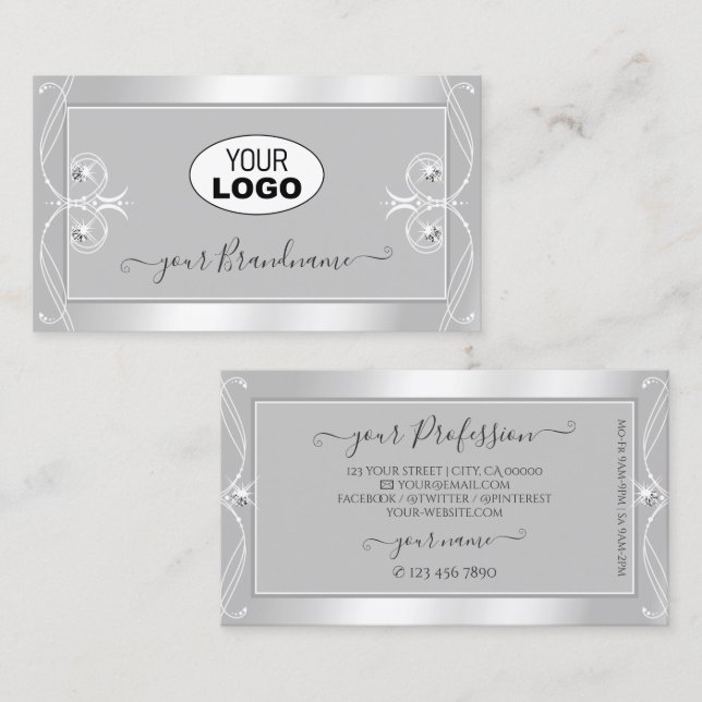 Ornate Silver Light Grey Sparkle Jewels with Logo Business Card (Front/Back)