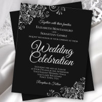 Ornate Silver on Black BUDGET Wedding Invitation
