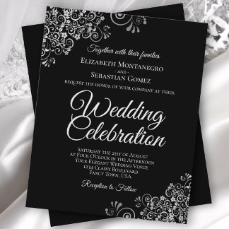 Ornate Silver on Black BUDGET Wedding Invitation
