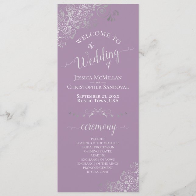 Ornate Silver on Lavender Simple Elegant Wedding Programme (Front)