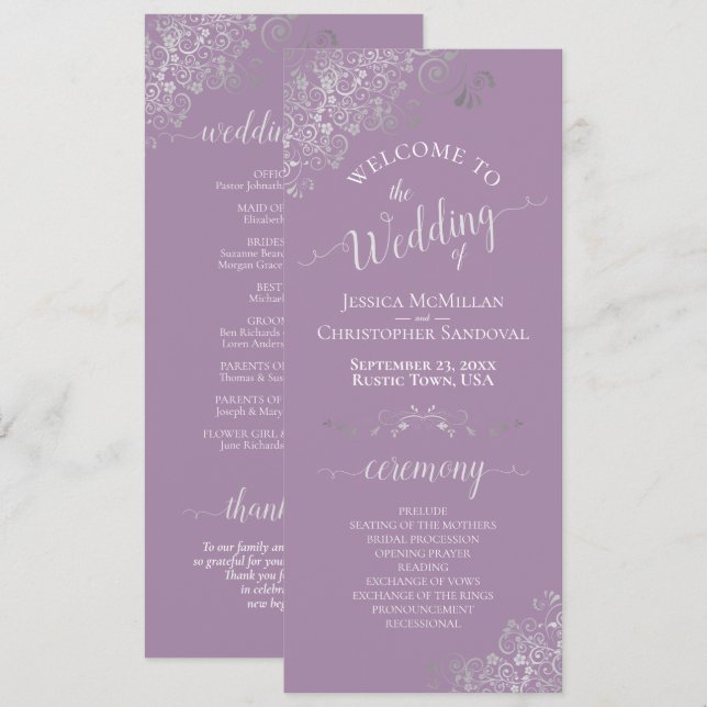 Ornate Silver on Lavender Simple Elegant Wedding Programme (Front/Back)