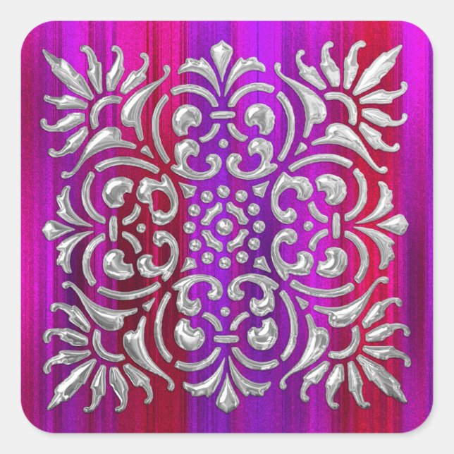 Ornate Silver Red and Purple Stripe Square Sticker (Front)