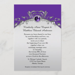Ornate Silver Swirls Purple Gemstones Diamonds Invitation
