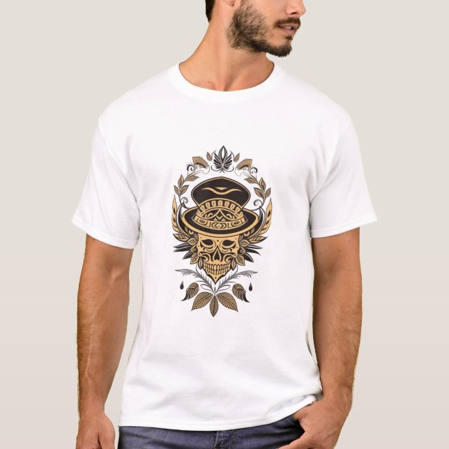 Ornate Skull in Fedora Design T-Shirt (Front)