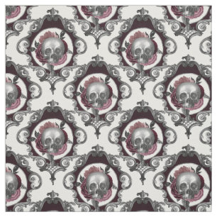 Ornate Skulls and Flowers on White Fabric