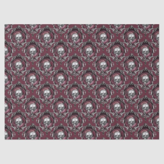Ornate Skulls and Flowers on Wine Decoupage Tissue Paper (Front)