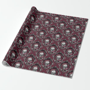 Ornate Skulls and Flowers on Wine Wrapping Paper