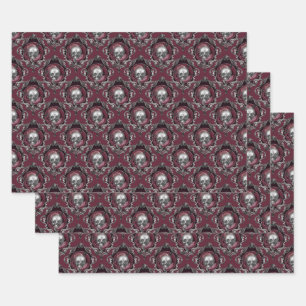 Ornate Skulls and Flowers on Wine Wrapping Paper Sheet