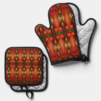 Ornate Stained Glass Oven Mitt & Pot Holder Set
