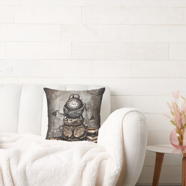Ornate Steampunk Cauldron | Spellbooks and Clocks Cushion (Couch)