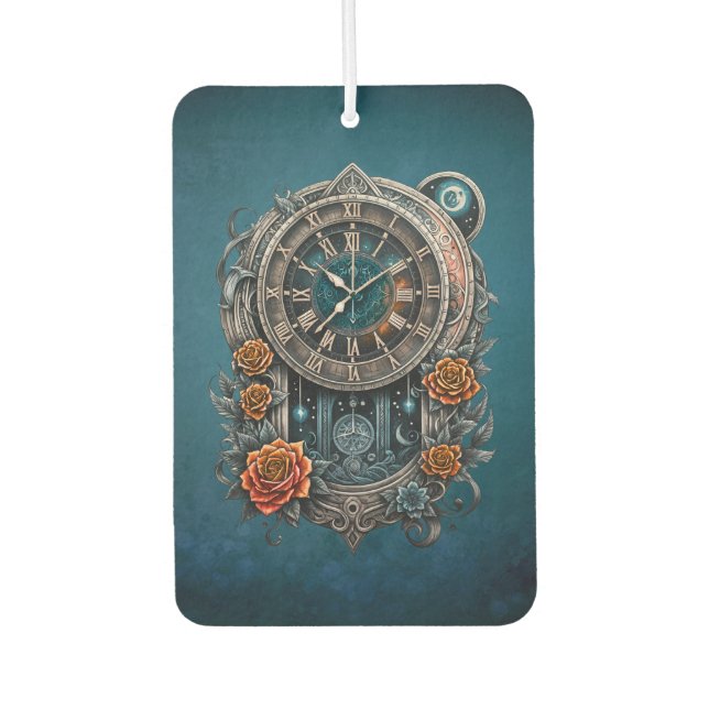 Ornate Steampunk Clock with Roses.  Car Air Freshener (Front)