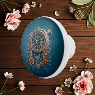 Ornate Steampunk Clock with Roses. Ceramic Knob