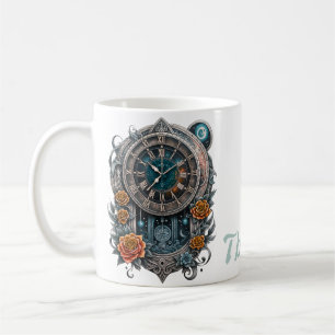 Ornate Steampunk Clock with Roses. Coffee Mug