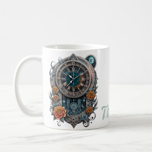 Ornate Steampunk Clock with Roses.  Coffee Mug (Left)