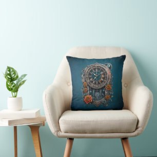 Ornate Steampunk Clock with Roses. Cushion