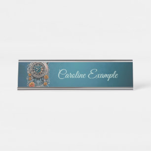 Ornate Steampunk Clock with Roses. Desk Name Plate