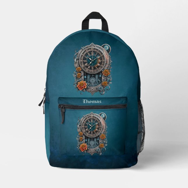 Ornate Steampunk Clock with Roses.  Printed Backpack (Front)