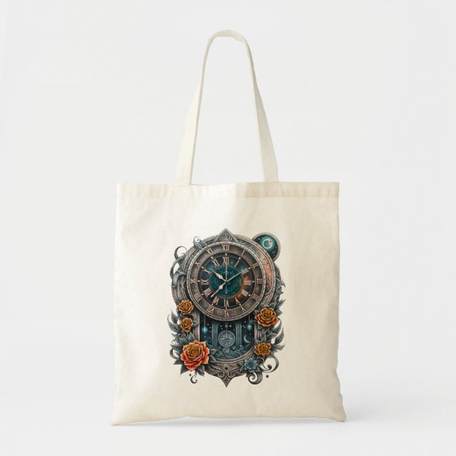 Ornate Steampunk Clock with Roses.  Tote Bag (Front)