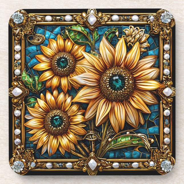Ornate Sunflower Artwork Framed in Gold Coaster (Front)