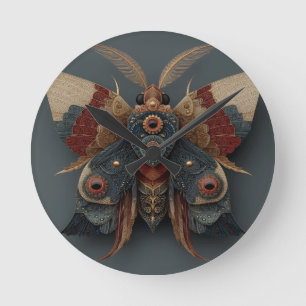 Ornate Symmetrical 3D Moth with Gold Accents Round Clock