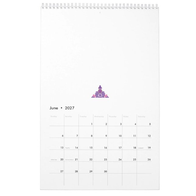 Ornate, symmetrical design with purple, pink, and  calendar (Jun 2027)