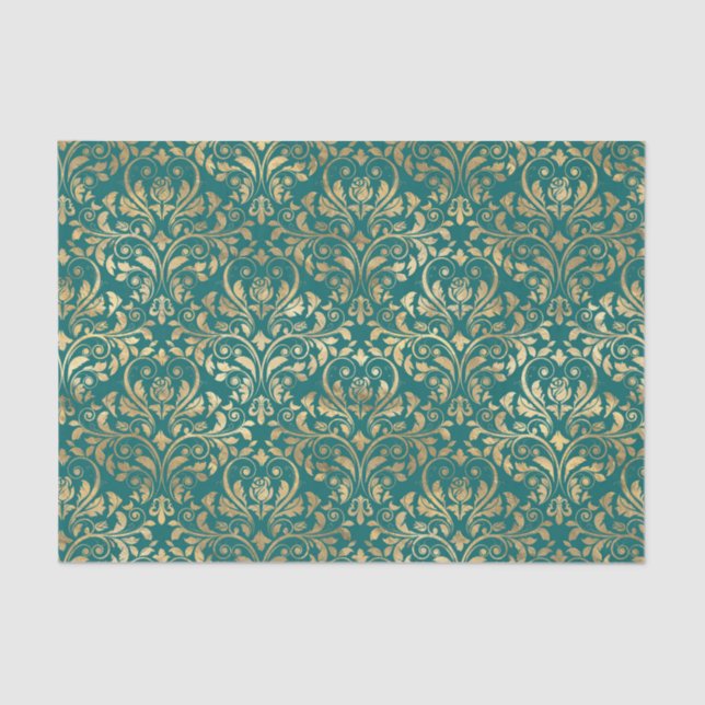 Ornate Teal and Gold Foil Tissue Paper (Front)