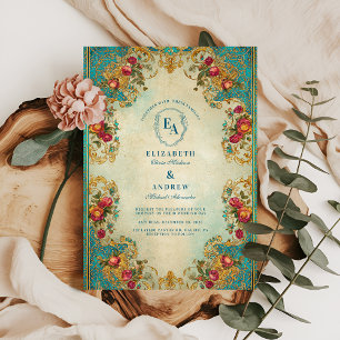 Ornate Teal and Gold Garden Wedding Invitation