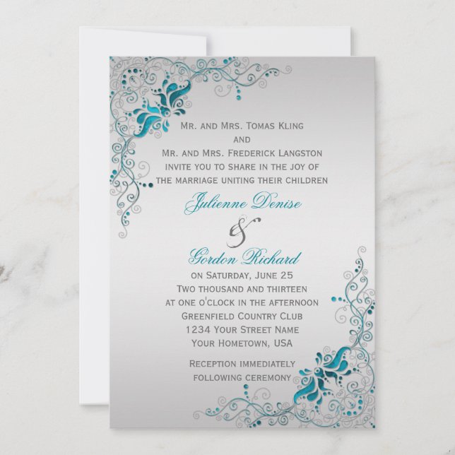 Ornate Teal and Silver Floral Swirls Weddings Invitation (Front)