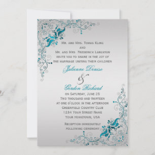 Ornate Teal and Silver Floral Swirls Weddings Invitation
