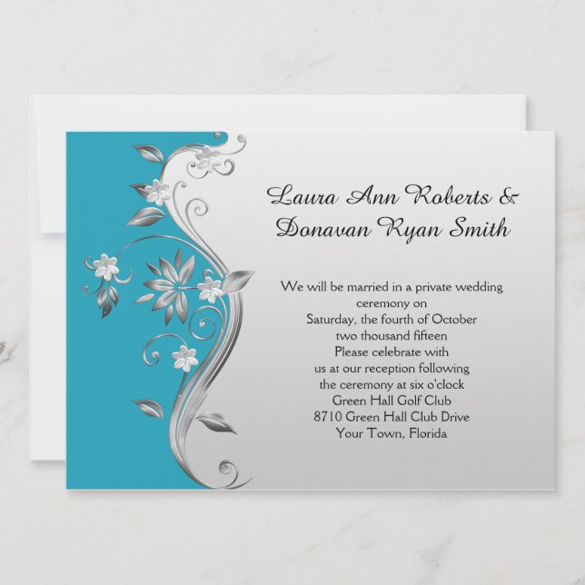 Ornate Teal Blue and Silver Floral Reception Only Invitation (Front)