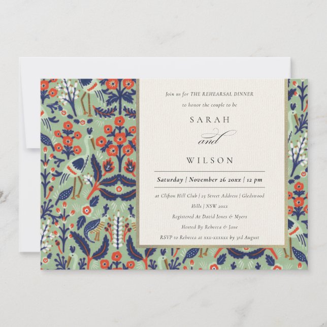 Ornate Teal Floral Bird Rehearsal Dinner Invite (Front)