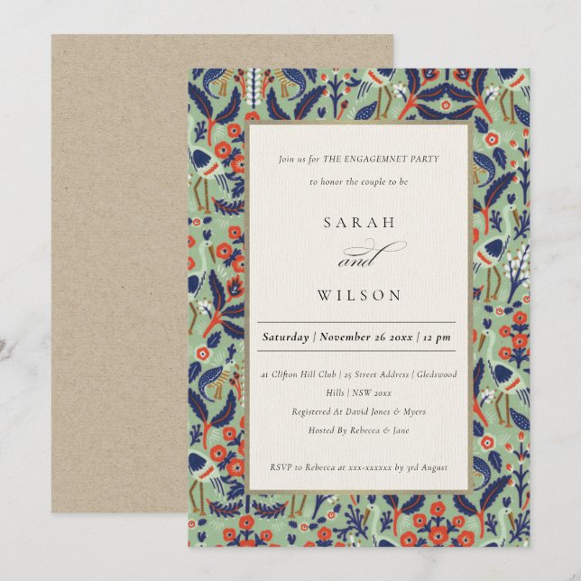 Ornate Teal Navy Classy Floral Peacock Engagement Invitation (Front/Back)