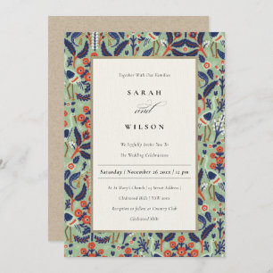 Ornate Teal Navy Classy Floral Peacock Wedding Invitation