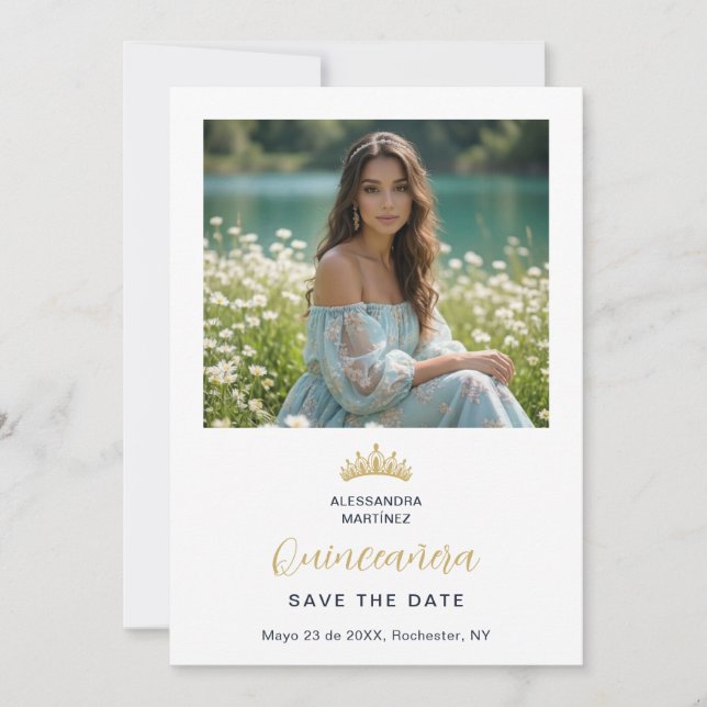 Ornate Tiara Minimalist Quinceañera Photo Design Save The Date (Front)