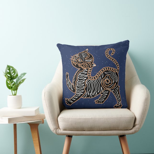 Ornate Tiger Night Stars Folk Art Design Cushion (Chair)