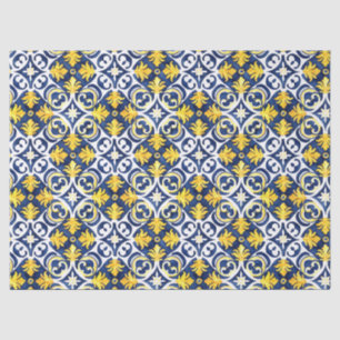Ornate Tile Pattern Blue and Yellow Decoupage Tissue Paper