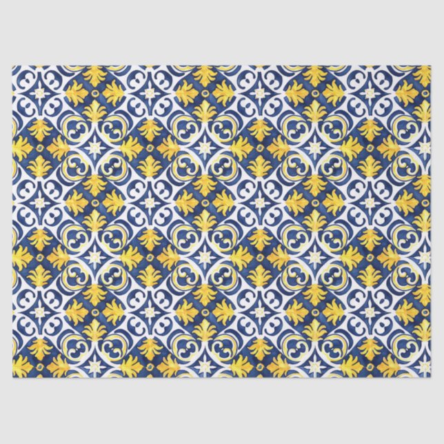 Ornate Tile Pattern Blue and Yellow Decoupage Tissue Paper (Front)
