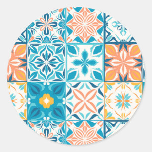 Ornate tiles in blue and orange classic round sticker