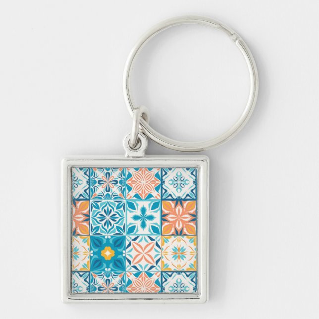 Ornate tiles in blue and orange key ring (Front)