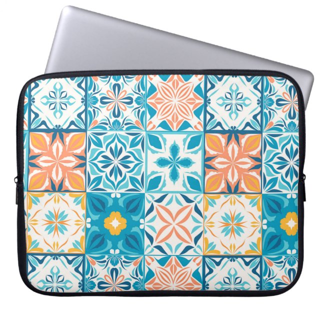 Ornate tiles in blue and orange laptop sleeve (Front)