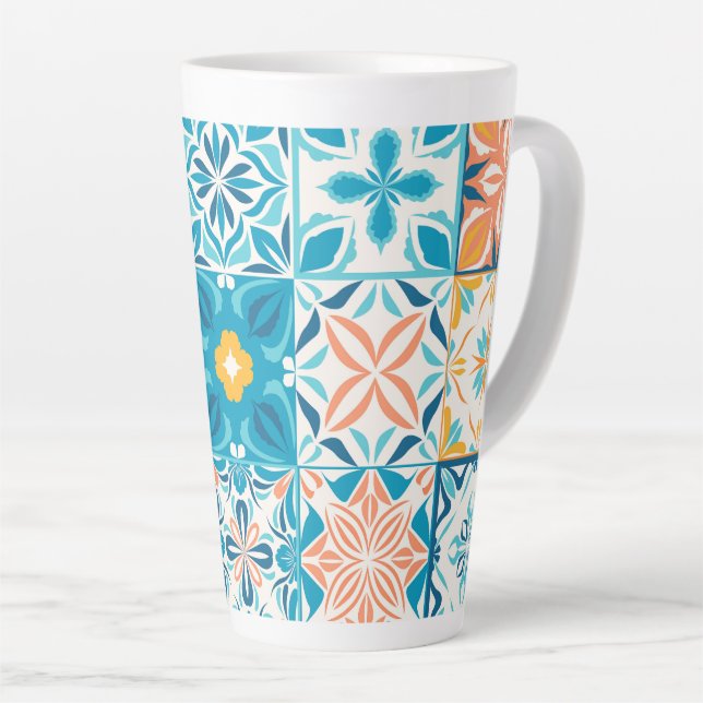 Ornate tiles in blue and orange latte mug (Right Angle)
